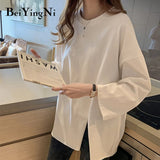 Loose Plus Size T-shirt Female Long Sleeve Casual Vintage Split Tops Woman Spring Autumn BF Cotton Plain T Shirt