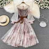 Sexy Mesh Printed Dress Women Spring Autumn Round Neck Puff Long Sleeve Ink Pattern A-Line Big Swing Vestidos Female 2022
