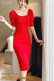 Style Vintage Square Collar Puff Sleeve Midi Party Dress Ladies OL Elegant Streetwear Backless Female Bodycon Split