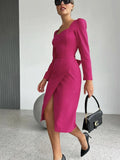 Puff Sleeves Elegant Evening Dress Pink Square Collar Split Ruched Dress Lace-Up Party Midi Dress Fall Winter