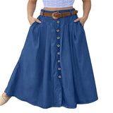 Maxi Skirts Fashion Women Elegant Button High Waist Midi Skirt Female Big Hem Casual Flare Pocket Button Long