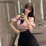 Sweet Blouses Women Patchwork Lace Off Shoulder Backless Shirts Crop Tops Chic Folds Puff Sleeve Sexy Y2k Blusas