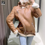 VAREY LIN Women Winter Brown Suede Jacket Coats Warm Thick Windproof Motorcycle Coat Turndown Collar Faux Lamb Leather
