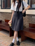 Vintage Y2k Pleated Skirt Women Preppy Style Autumn Korean Fashion High Waist Knee Length A-line Skirt 90s