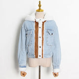Toloer Blue Denim Lamb Hair Spring 2024 New Splicing Personality Single Breasted Short Coat Woman-Outfit