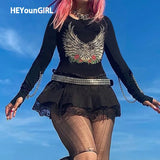 Wings Print Y2K Harajuku Goth T-shirt Women Autumn Casual Black Crop Top T Shirts with Sleeve Punk Fashion Tee