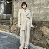Fashion Striped Print Two Piece Pants Sets Women Outifits Autumn Casual Loose Long Sleeve Blouse With Wide Trouser