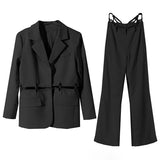 Loose Two Piece Set For Women Notched Collar Long Sleeve Tops High Waist Trousers Female Solid Sets Fashion