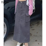 Style High Waist Midi Skirts Women Leisure Simple Denim Shirring Design Behind-Slit Streetwear Y2k Spring All-match