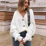 Women Casual Loose Knitted Cardigan Sweaters 2021 Autumn Winter Sexy V-Neck Button White Sweater Coat Female Cardigan