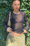 Hollow Out Cropped Knit Sweater Women Fairy Grunge Long Sleeve Top Vintage Loose Distressed Crochet Pullovers Cover-up