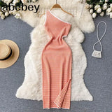 Summer Knitted Dress Women Skew Collar Elastic Waist Design Slim Sundress Female Party Sexy Bodycon