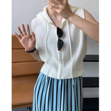 Women's Drawstring Hooded Zipper Up Front Knit Vest Casual Sleeveless Open Front