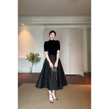 Fashion Suit Pure Color Shoulder Five-Sleeve Top In Autumn Waist French Black