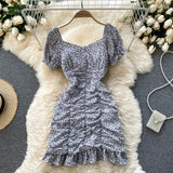 2021 Summer Chiffon Floral Dress Women Sexy Short Beach Dresses French Boho Daisy Print Vacation Party Ruched
