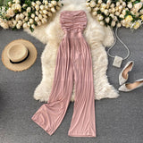 Women Sexy Strapless Jumpsuits Ruched Sleeveless Elegant Solid Rompers Summer Off Shoulder Beach Wide Leg Long