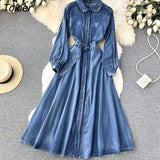 Vintage Embroidery Denim Maxi Dress Women Spring Lapel Pocket Lantern Sleeve Long Vestidos Belt Boho Beach Casual