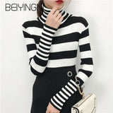 White Black Striped Sweaters for Women Harajuku Vintage Friends Knit Turtleneck Pullover Female Autumn High Street