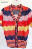 Summer New Contrast Color Striped Short Sleeve Sweater Women Knit Cardigan Y2K Casual Hollow Out V-Neck Knitwear Top