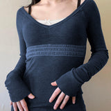 Patchwork Lace Trim Long Sleeve Top-Outfit