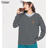 Women Tees 2022 Autumn Long Sleeve O Neck Loose Stripe T-shirt 3D Embroidery Drop Shoulder Casual Streetwear