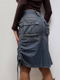 Vintage Grunge Shirring Midi Denim Skirt High Waist Straight Pencil Long Skirts Casual Streetwear Chic Festival