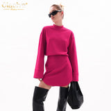 Fashion Pink Dresses For Women 2022 Casual Stand Collar Long Sleeve Office Mini Dress Elegant High Waist Female