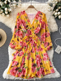 Autumn Women Floral Draped Mini Dress Bohemian Female V-Neck Puff Long Sleeve High Waist Bandage Pleated Vestido Female Robe
