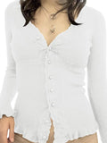 Front Buttons Lace Panel Knit Top-Outfit