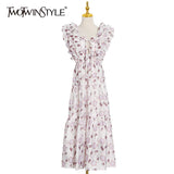 Spring Print Floral Dress For Female Square Collar Sleeveless High Waist Patchwork Ruffle Midi Dresses Female
