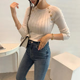 Autumn and Winter Fashion Korea Sweater Women Elegant Buttons Cotton Lady T-shirt Pullover Bottoming Knitted Sweater