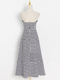 Vintage Houndstooth Strapless Dress For Women Slash Neck Sleeveless High Waist Midi A Line Dresses Female 2022