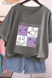 Plus Size T Shirt 100% Cotton L-5XL Tshirt Short Sleeve Women Top 2023 Summer Cartoon T Shirt V Neck Oversized T