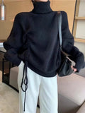 Tops 2022 Women Solid Color Drawstring Pleated Turtleneck Sweater Women's Pullover Loose Top Oversized Sweater