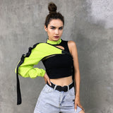 Rockmore Neon Green Reflective T Shirt Women Tshirt Harajuku One Shoulder Off Gothic Top Hip Hop Streetwear Tee Shirt Femme
