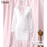 Backless White Embroidered Lace Dress for Women Boho Beach Short Dresses Deep V-Neckline Sexy Mini Dress Female