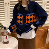 Retro Contrast Color Plaid Twist Sweater Jacket Women Loose Lazy Knit Sweater New Autumn and Winter New Year Sweater Women