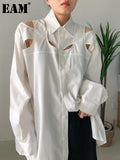 Women White Hollow Out Big Size Blouse New Lapel Long Sleeve Loose Fit Shirt Fashion Tide Spring Autumn 2023