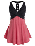 Tank Top Women Sleeveless Colorblock Shirt Summer Casual Ladies Lace Up Crossover Tanks V Neck