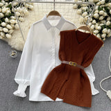 Style Suit Women's Casual Long-Sleeved Shirt + Waist V-Neckless Knitted Vest Two-Piece