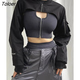 Hip Hop Solid Cargo Super Cropped Jackets Gothic Loose Zip Up High Collar Coats Streetwear Black Pockets Bomber