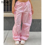 2023 Y2K Baggy Cargo Pants Women Low Waist Sweatpant Pink Vintage Street Pocket Wide Leg Trousers Joggers Parachute