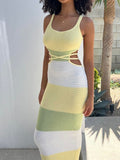 Fashion Women's Dress Round Neck Sleeveless Backless Bandage Hollow Out Waist Striped Knit Dresses Summer 2023 New
