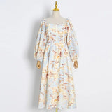 Print Colorblock Dress For Women Square Collar Long Sleeve High Waist Loose Midi Dresses Female Fashion Clothes
