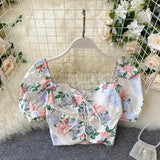 Short Blouses Women Fashion Sexy Bandage Crop Top Summer Vintage Gothic Shirt Ladies Flower Print Top
