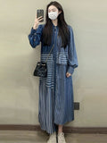 Hit Color Striped Dresses For Women Lapel Long Sleeve High Waist Folds Irregular Hem Elegant Dress Female Fashion