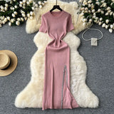 Toloer Senior Sense Dress Female Summer Sexy Sequins Slit Waist Show Thin Round Collar Short Sleeves In The Long Knit