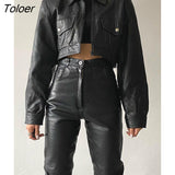 Punk Style Black Leather Bomber Jacket Motorcycle Button Up Lapel Crop Jacket Women Wide Long Sleeve Gothic
