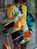 Print Colorblock Shirt For Women Lapel Collar Lantern Sleeve Button Through Blouse Female Korean Fashion Clothing