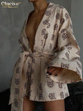 Fashion Loose Print 2 Piece Sets Womens Outfits Casual Lace-Up Long Sleeve Robes With High Waist Shorts Set